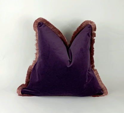 Purple velvet pillow, purple and pink pillow,  plum velvet cushion, purple cushion with brush fringe trim