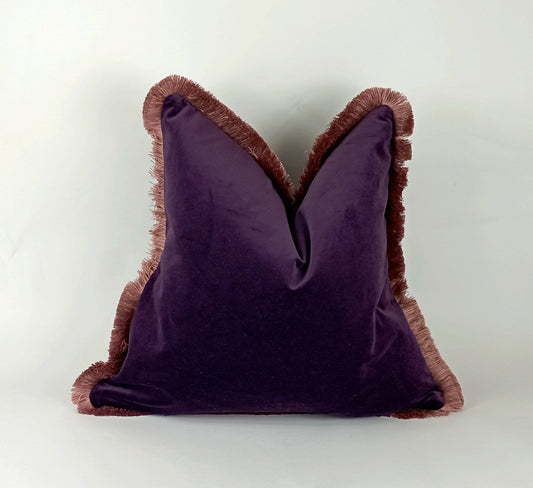 Purple velvet pillow, purple and pink pillow,  plum velvet cushion, purple cushion with brush fringe trim