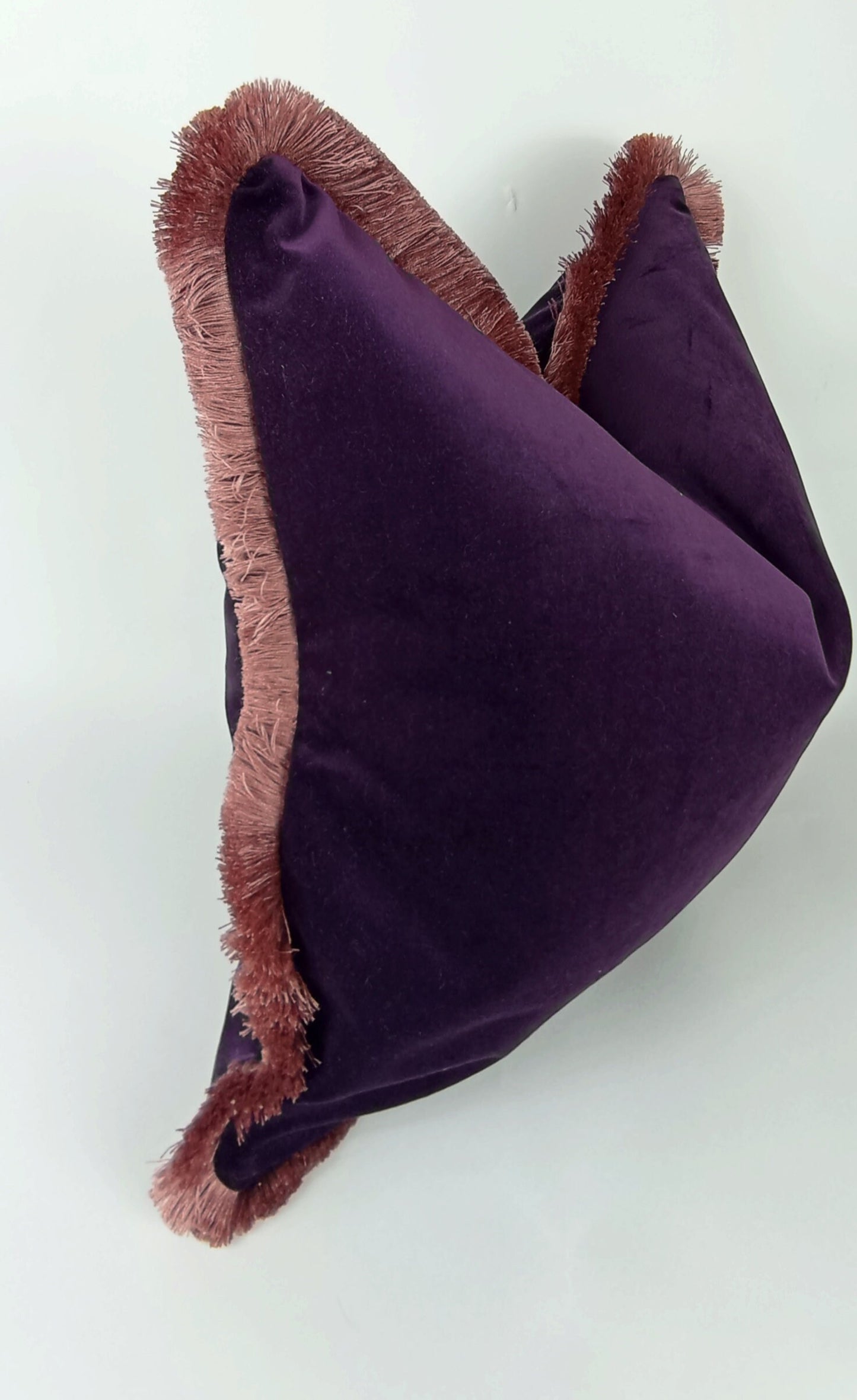 Purple velvet pillow, purple and pink pillow,  plum velvet cushion, purple cushion with brush fringe trim