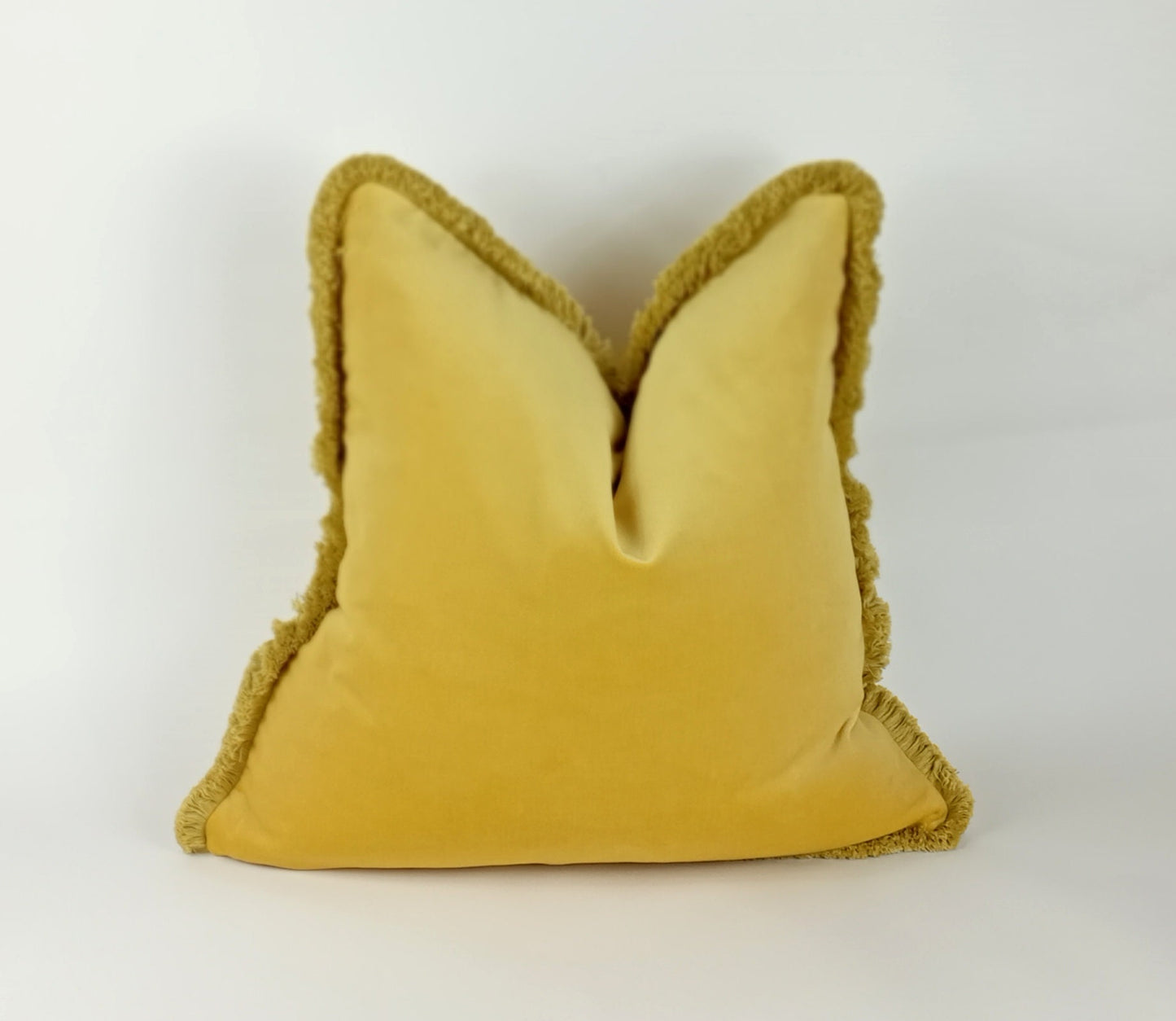 Yellow brush fringe pillow cover, yellow velvet brush fringe cushion, yellow cushion with brush fringe trim, brush fringe pillow