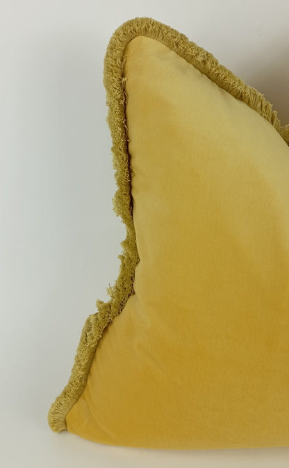 Yellow brush fringe pillow cover, yellow velvet brush fringe cushion, yellow cushion with brush fringe trim, brush fringe pillow