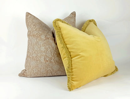 Yellow brush fringe pillow cover, yellow velvet brush fringe cushion, yellow cushion with brush fringe trim, brush fringe pillow