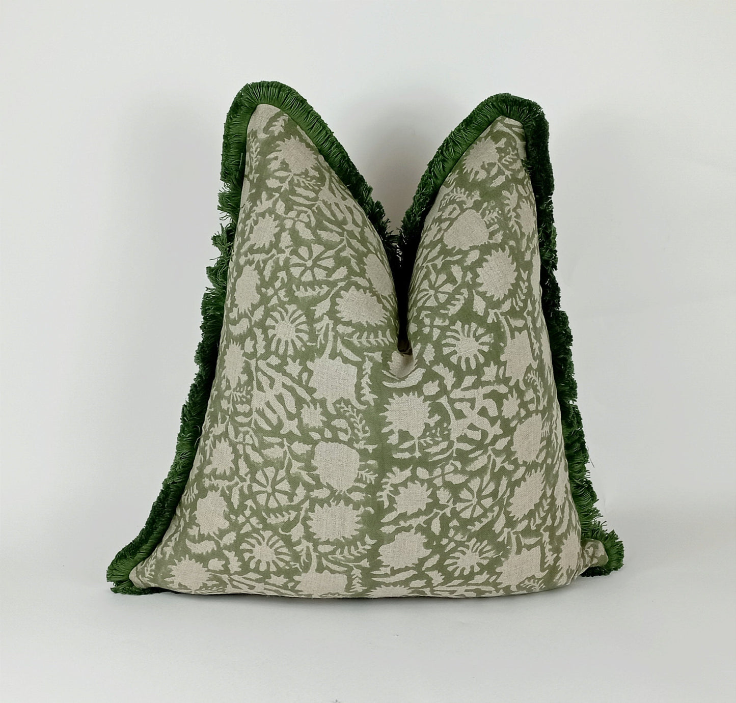 Green block print pillow, green floral pillow, green block print cushion, Indian fabric, green fringe pillow