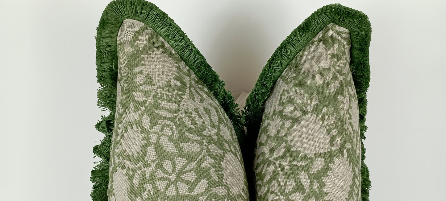 Green block print pillow, green floral pillow, green block print cushion, Indian fabric, green fringe pillow