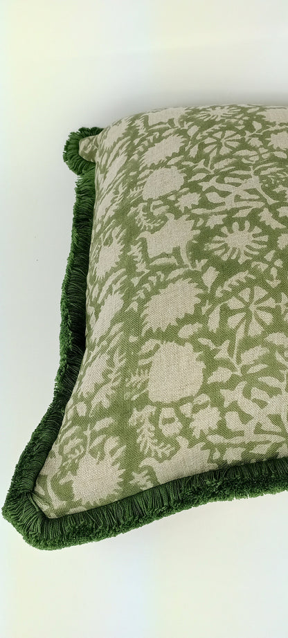 Green block print pillow, green floral pillow, green block print cushion, Indian fabric, green fringe pillow