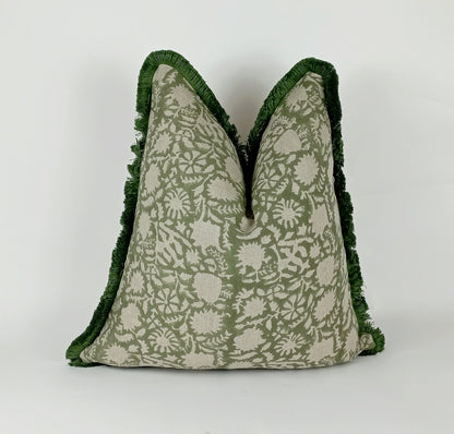 Green block print pillow, green floral pillow, green block print cushion, Indian fabric, green fringe pillow