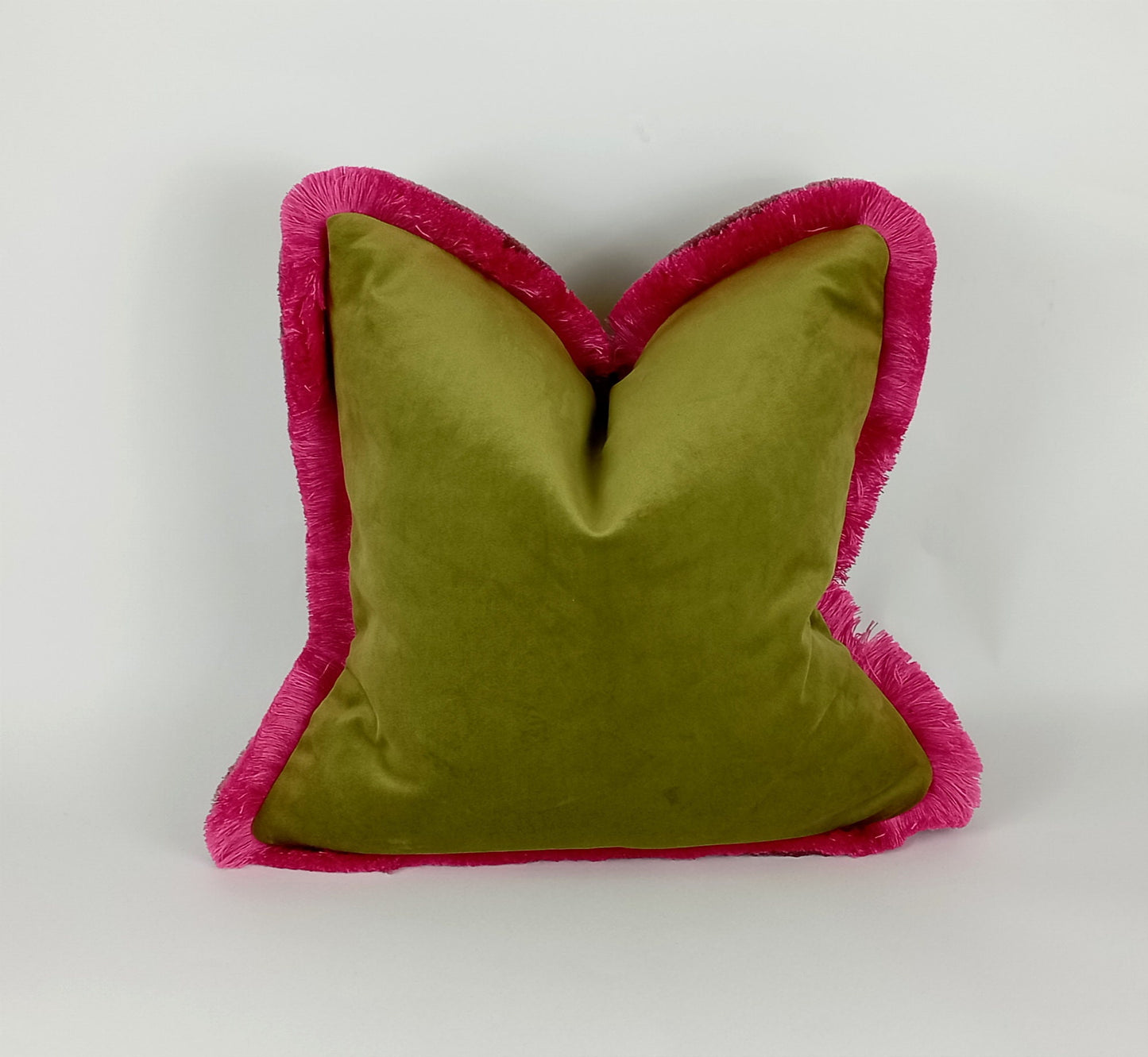 olive green with pink brush fringe pillow, green and pink velvet cushion, green fringe cushion, green and pink cushion