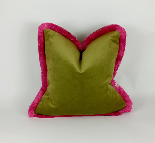 olive green with pink brush fringe pillow, green and pink velvet cushion, green fringe cushion, green and pink cushion