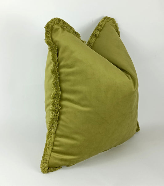 Chartreuse green brush fringe pillow, green velvet cushion, brush fringed pillow, green finge cushion, green brush fringe