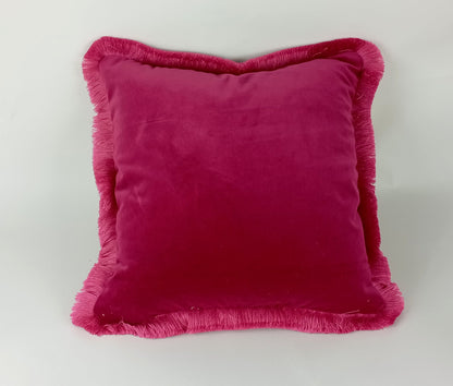 Pink brush fringe pillow, pink velvet cushion, brush fringed pillow, pink finged pillow, pink brush fringe