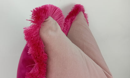 Pink brush fringe pillow, pink velvet cushion, brush fringed pillow, pink finged pillow, pink brush fringe