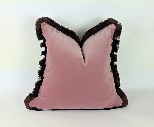 pink velvet brush fringed pillow, pink velvet cushion, pink and brown pillow, pink finged pillow, pink brush fringe, pink velvet pillow