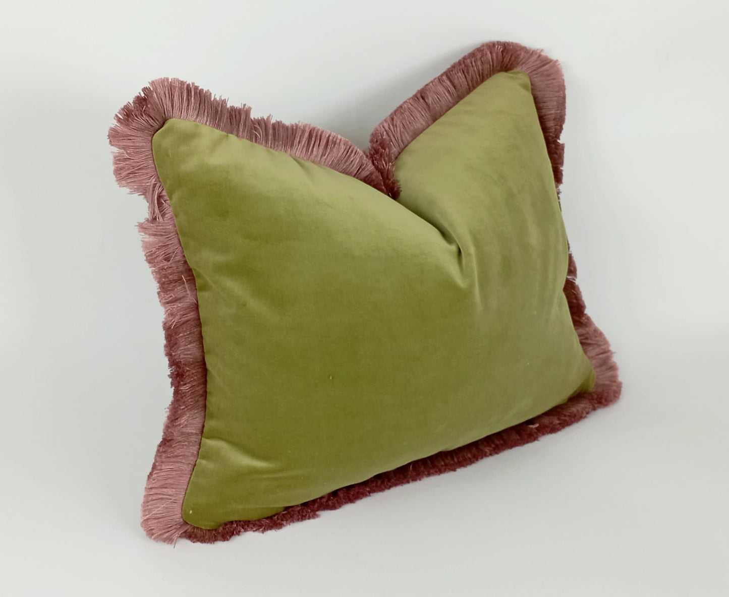 Sage green with dusty pink fringe velvet pillow, green and pink velvet cushion, velvet fringe pillow, green and pink cushion