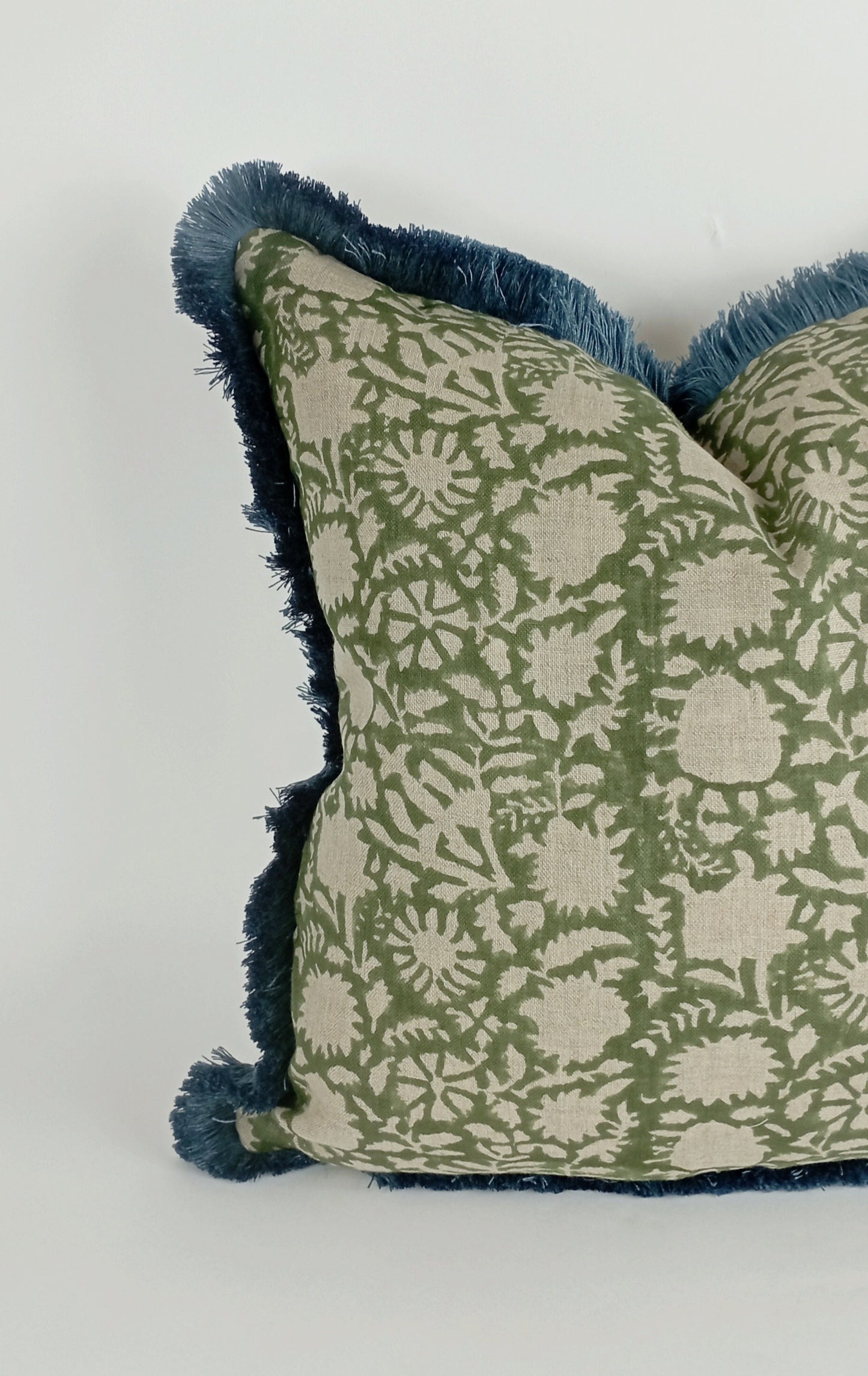 Long lumbar block print pillow, green floral pillow, green block print cushion, Indian fabric, blue fringe pillow