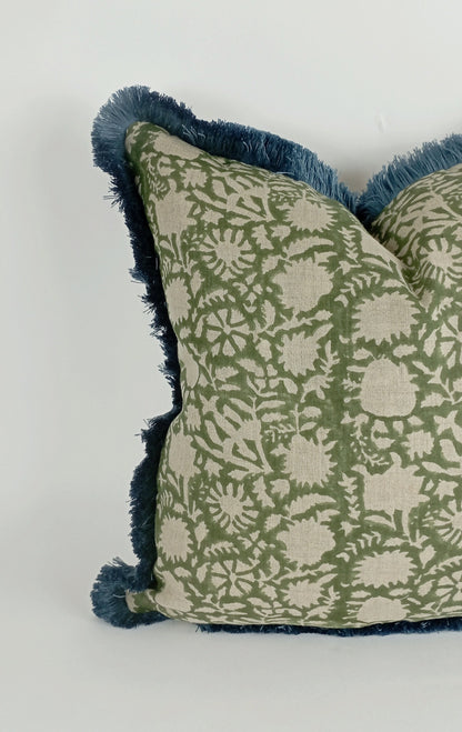 Long lumbar block print pillow, green floral pillow, green block print cushion, Indian fabric, blue fringe pillow