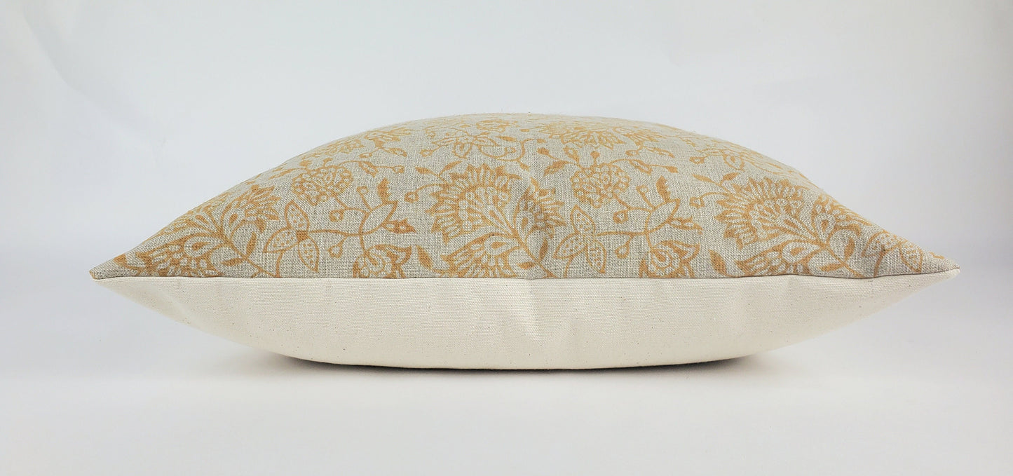 Yellow block print pillow, block print mustard floral pillow, block print cushion, neutral throw pillow, designer pillow