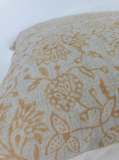 Yellow block print pillow, block print mustard floral pillow, block print cushion, neutral throw pillow, designer pillow