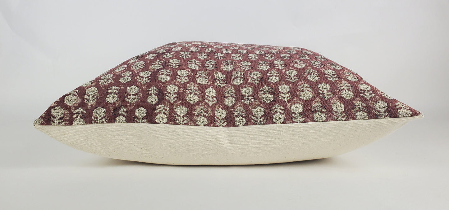 Rust block print pillow, block print red floral pillow, block print cushion, neutral throw pillow, designer pillow