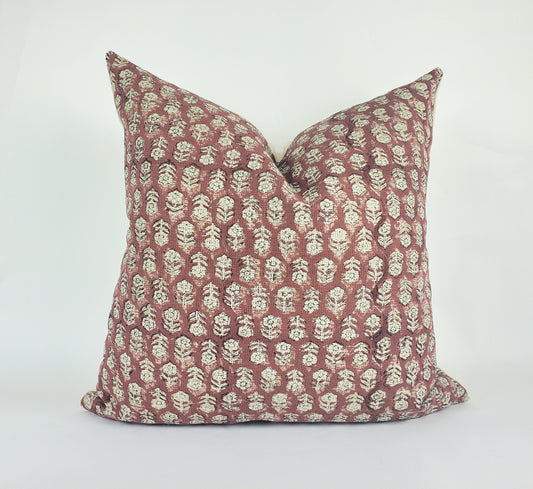 Rust block print pillow, block print red floral pillow, block print cushion, neutral throw pillow, designer pillow