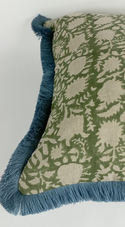 Long lumbar block print pillow, green floral pillow, green block print cushion, Indian fabric, blue fringe pillow