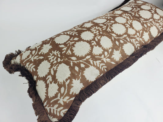 Brown block print pillow, chocolate brown floral pillow, brown block print cushion, Indian fabric, brown fringe pillow