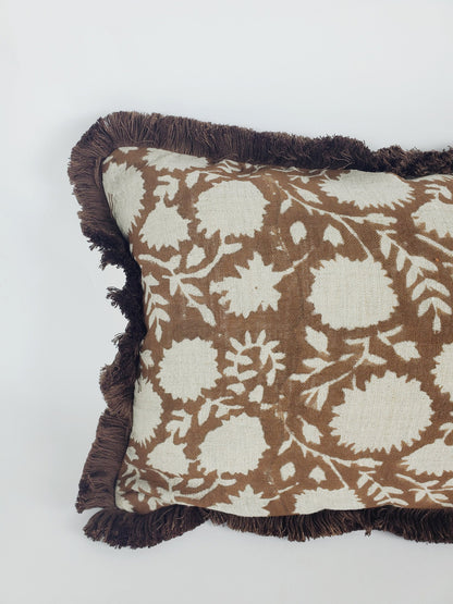 Brown block print pillow, chocolate brown floral pillow, brown block print cushion, Indian fabric, brown fringe pillow