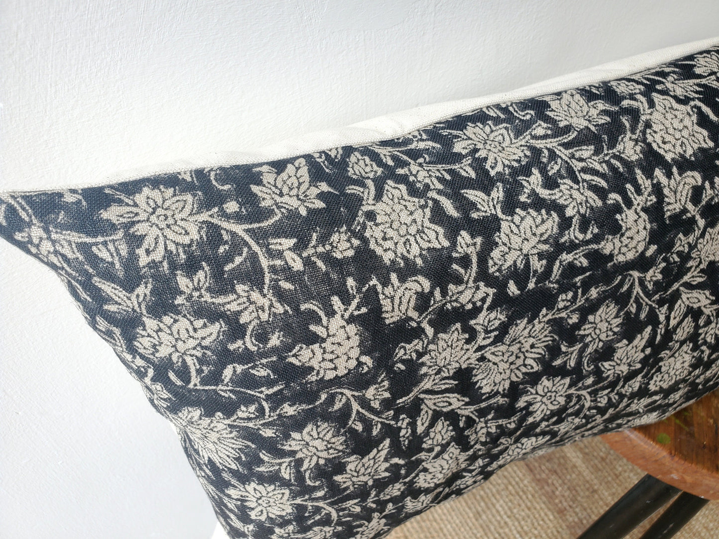 Long lumber block print pillow, block print black floral pillow, block print cushion, neutral throw pillow, designer pillow