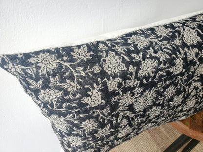 Long lumber block print pillow, block print black floral pillow, block print cushion, neutral throw pillow, designer pillow