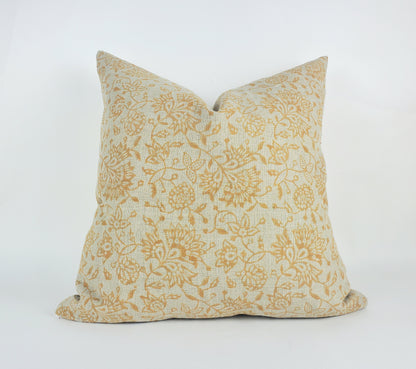 Yellow block print pillow, block print mustard floral pillow, block print cushion, neutral throw pillow, designer pillow
