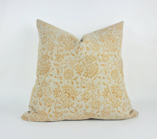 Yellow block print pillow, block print mustard floral pillow, block print cushion, neutral throw pillow, designer pillow