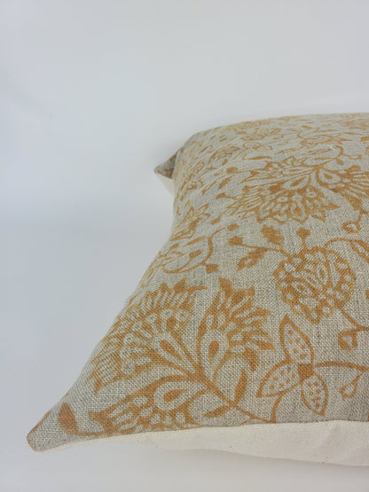 Yellow block print pillow, block print mustard floral pillow, block print cushion, neutral throw pillow, designer pillow