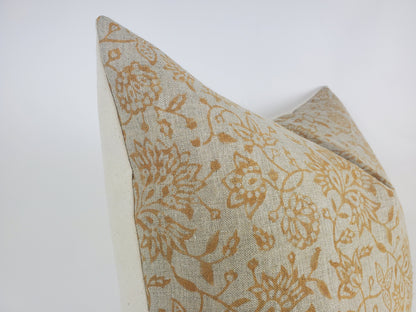 Yellow block print pillow, block print mustard floral pillow, block print cushion, neutral throw pillow, designer pillow