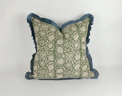 Long lumbar block print pillow, green floral pillow, green block print cushion, Indian fabric, blue fringe pillow