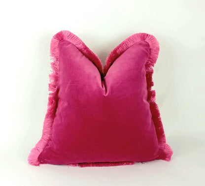 Pink brush fringe pillow, pink velvet cushion, brush fringed pillow, pink finged pillow, pink brush fringe