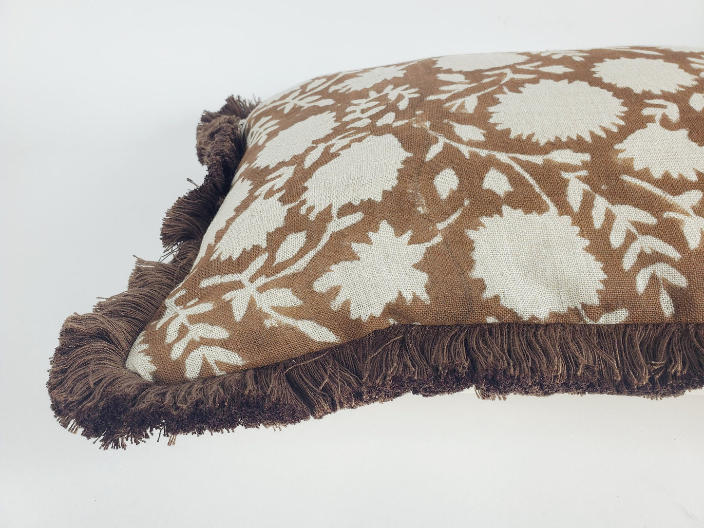 Brown block print pillow, chocolate brown floral pillow, brown block print cushion, Indian fabric, brown fringe pillow