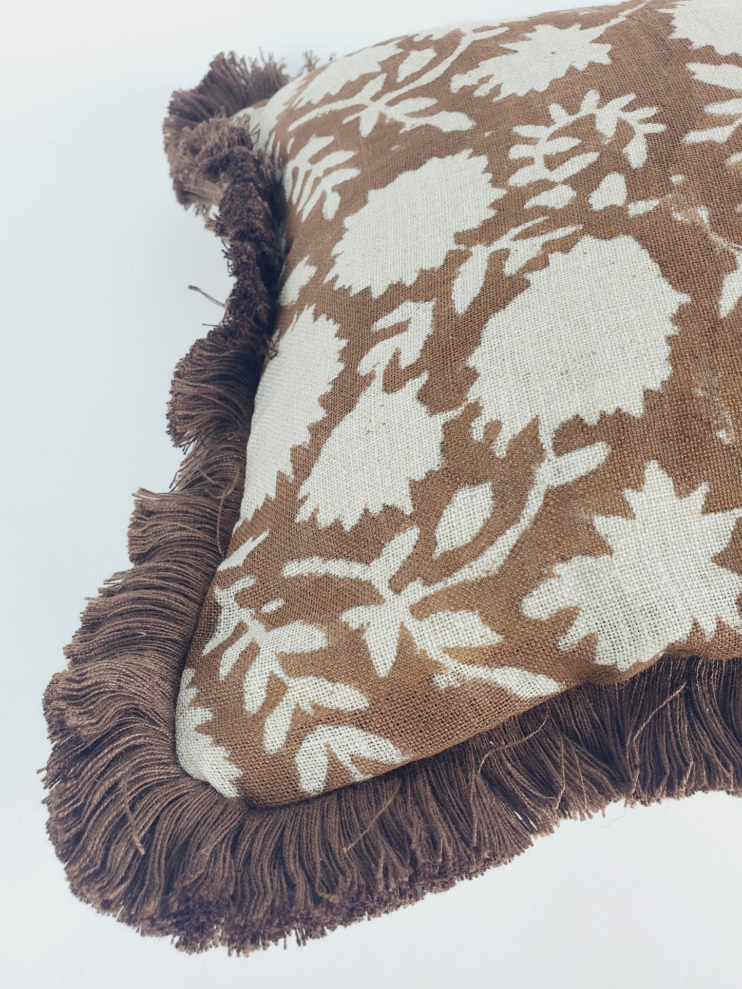 Brown block print pillow, chocolate brown floral pillow, brown block print cushion, Indian fabric, brown fringe pillow