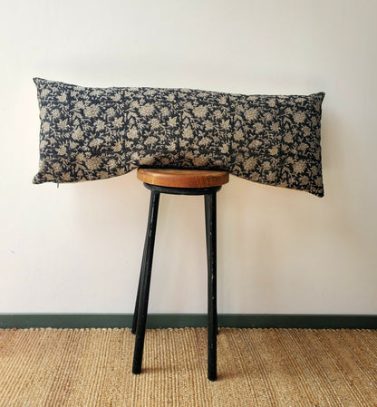 Long lumber block print pillow, block print black floral pillow, block print cushion, neutral throw pillow, designer pillow