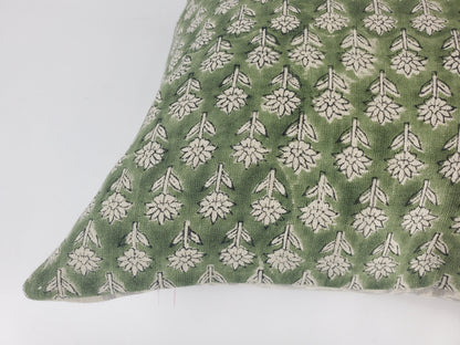Green block print pillow, block print green floral pillow, block print cushion, neutral throw pillow, designer pillow