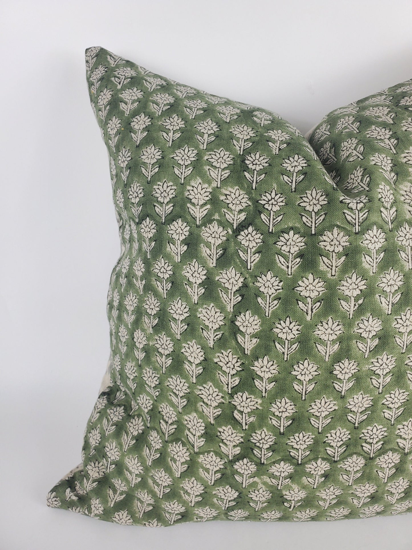 Green block print pillow, block print green floral pillow, block print cushion, neutral throw pillow, designer pillow
