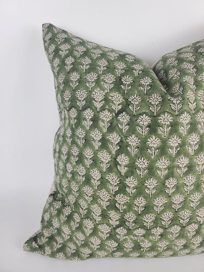 Green block print pillow, block print green floral pillow, block print cushion, neutral throw pillow, designer pillow