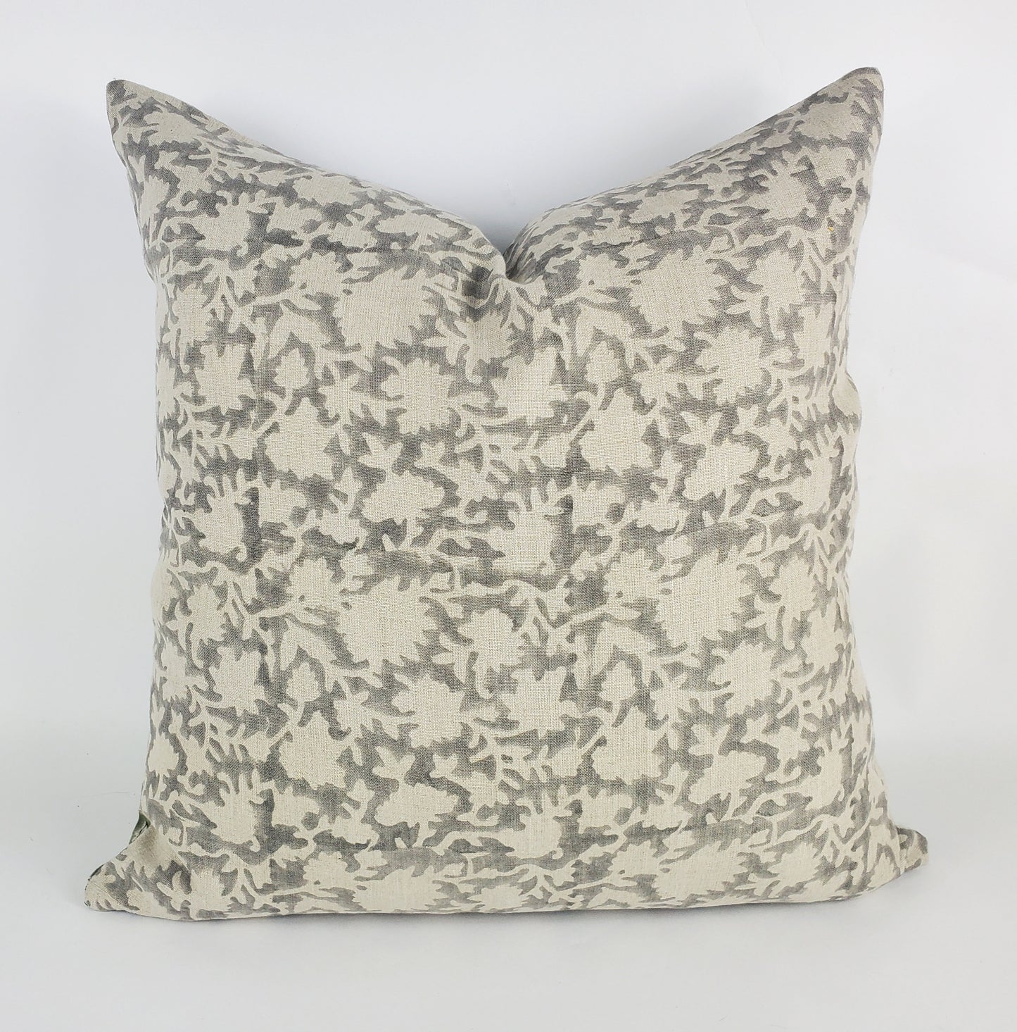 Grey block print pillow, block print grey floral pillow, block print cushion, neutral throw pillow, designer pillow
