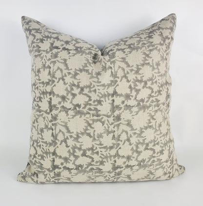 Grey block print pillow, block print grey floral pillow, block print cushion, neutral throw pillow, designer pillow