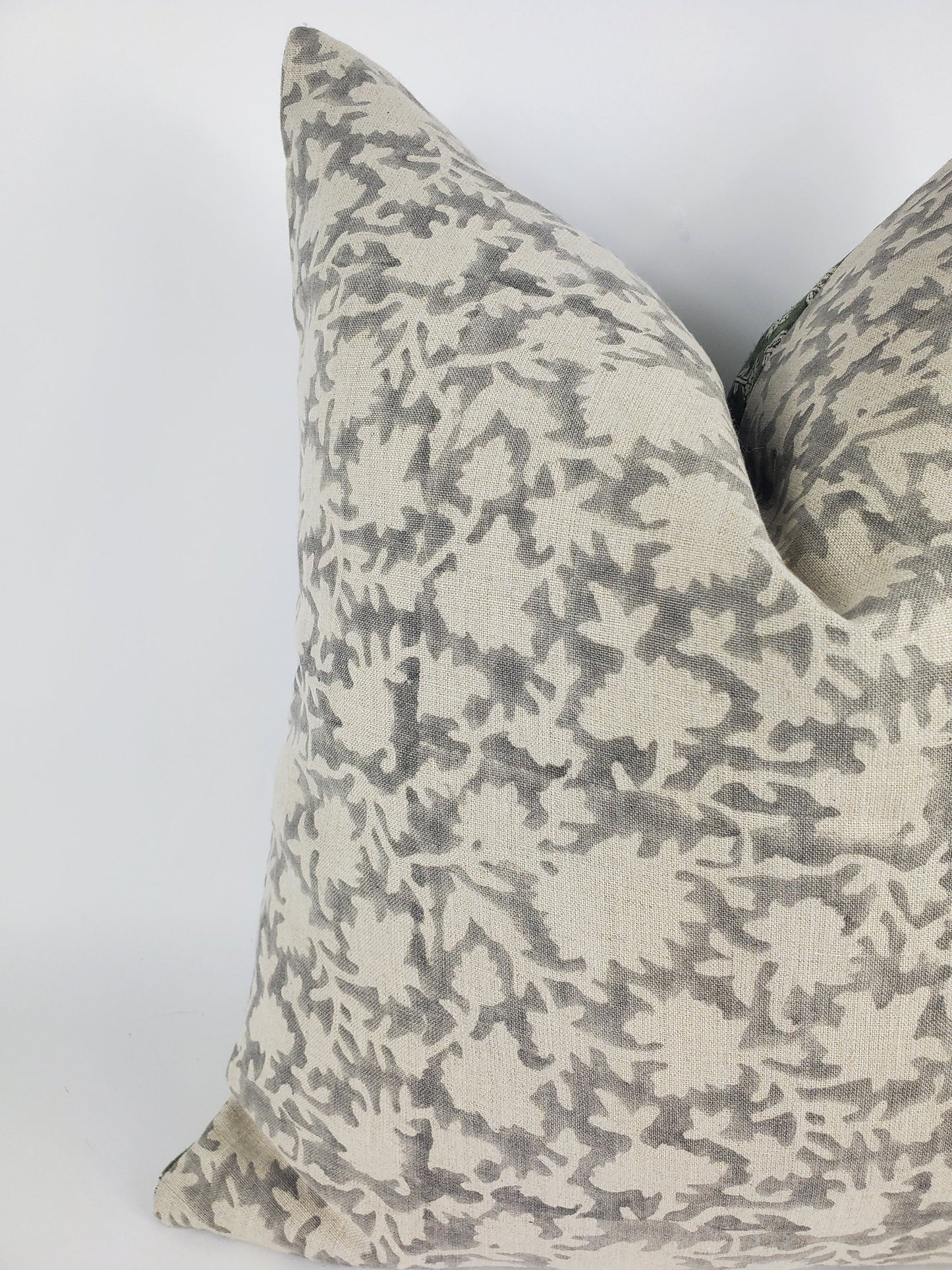 Grey block print pillow, block print grey floral pillow, block print cushion, neutral throw pillow, designer pillow