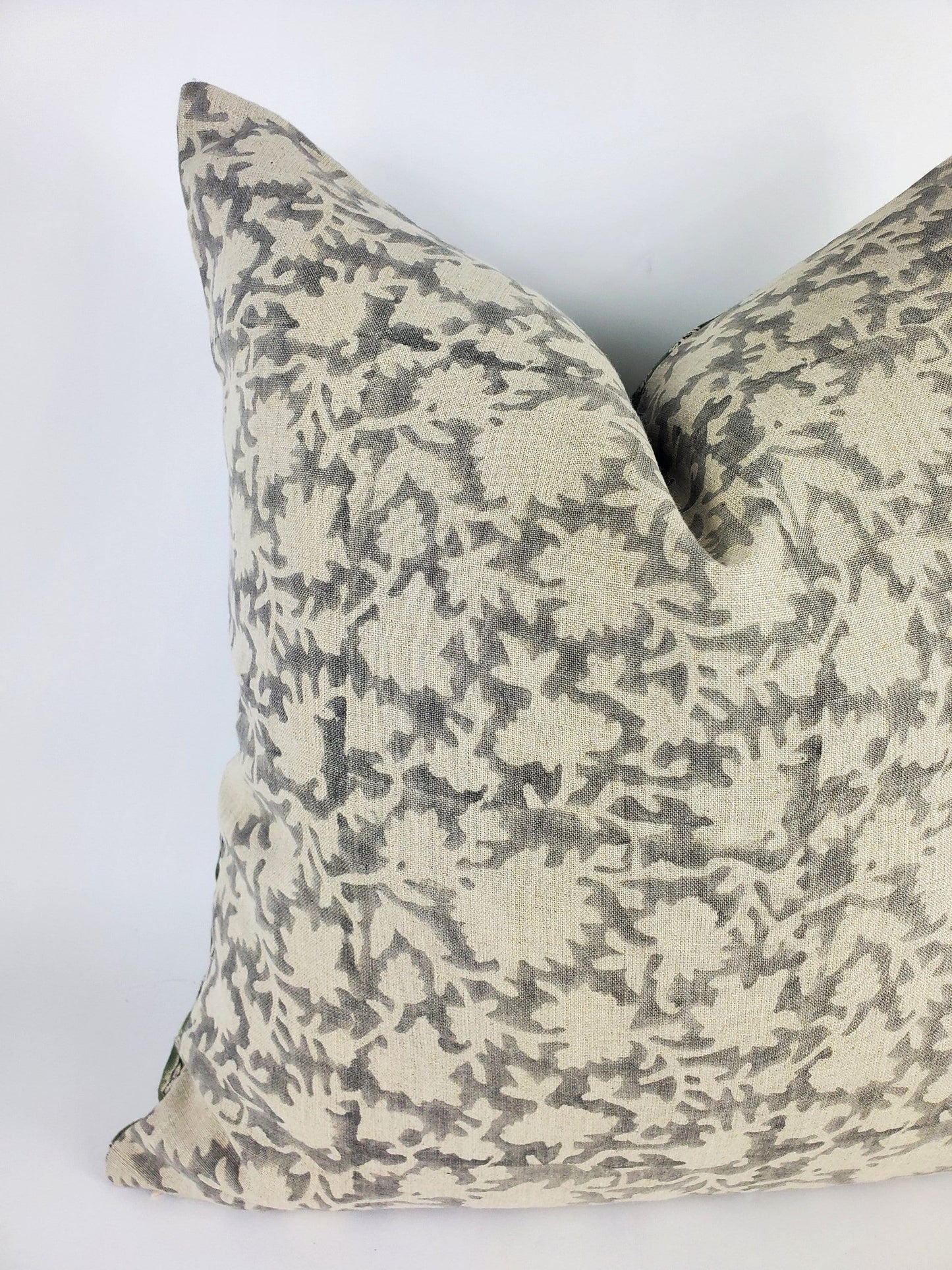 Grey block print pillow, block print grey floral pillow, block print cushion, neutral throw pillow, designer pillow