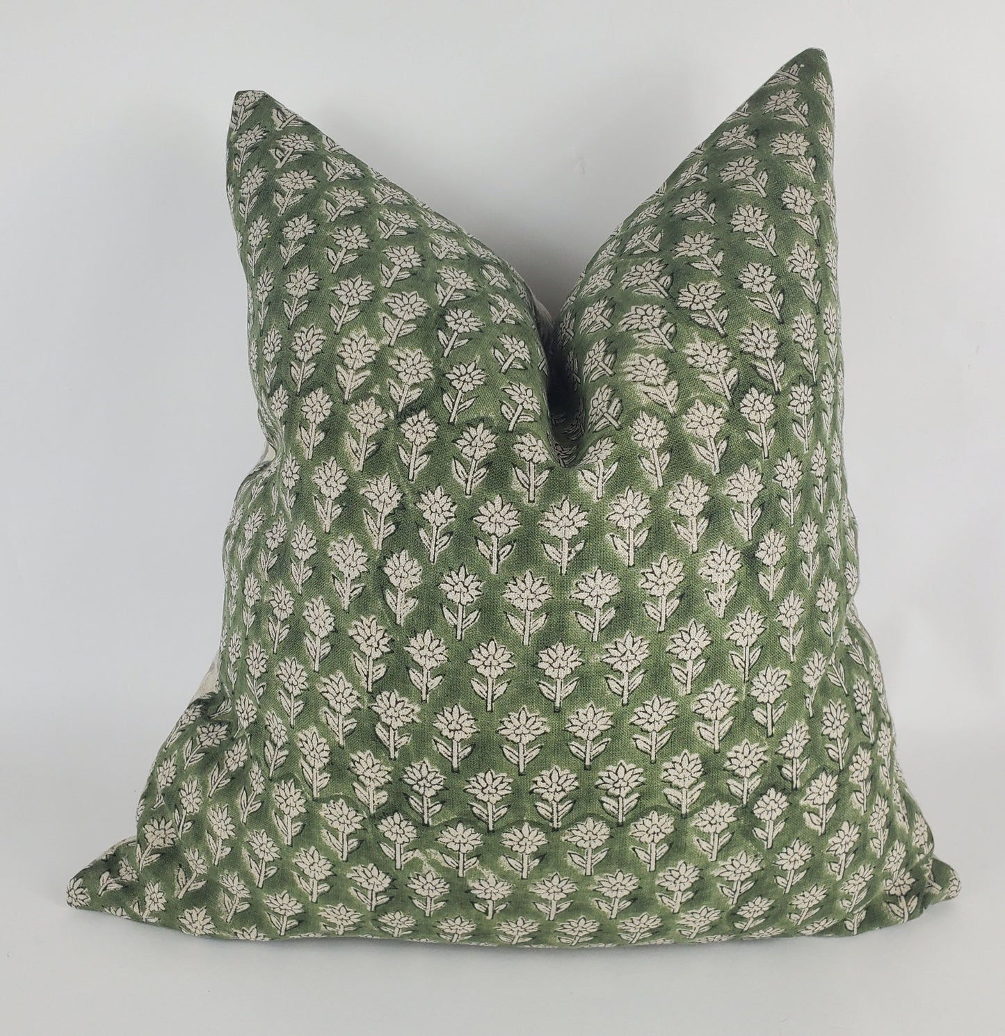 Green block print pillow, block print green floral pillow, block print cushion, neutral throw pillow, designer pillow