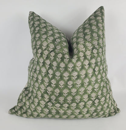 Green block print pillow, block print green floral pillow, block print cushion, neutral throw pillow, designer pillow