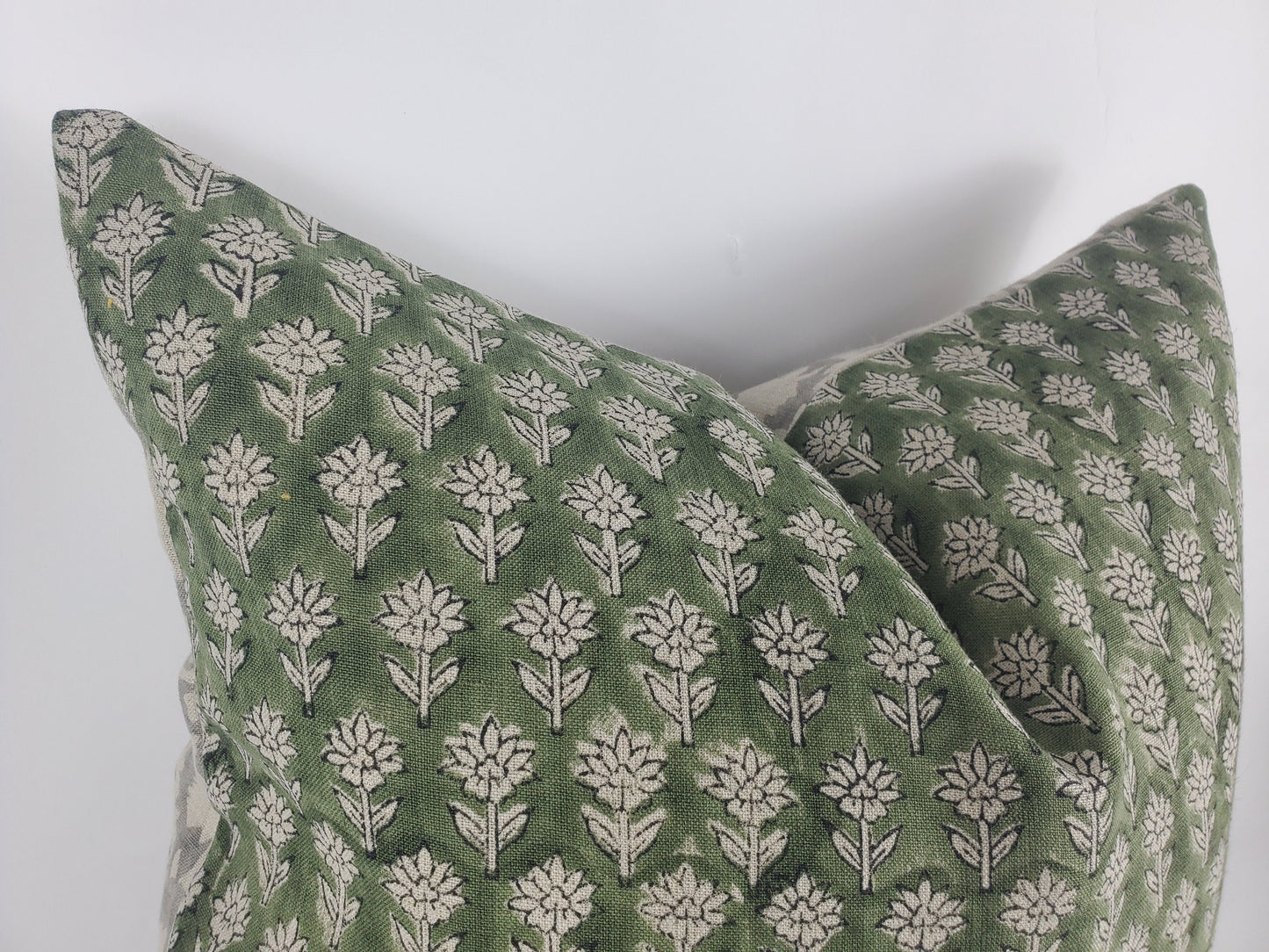Green block print pillow, block print green floral pillow, block print cushion, neutral throw pillow, designer pillow