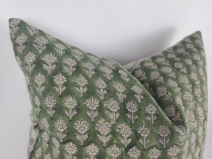 Green block print pillow, block print green floral pillow, block print cushion, neutral throw pillow, designer pillow