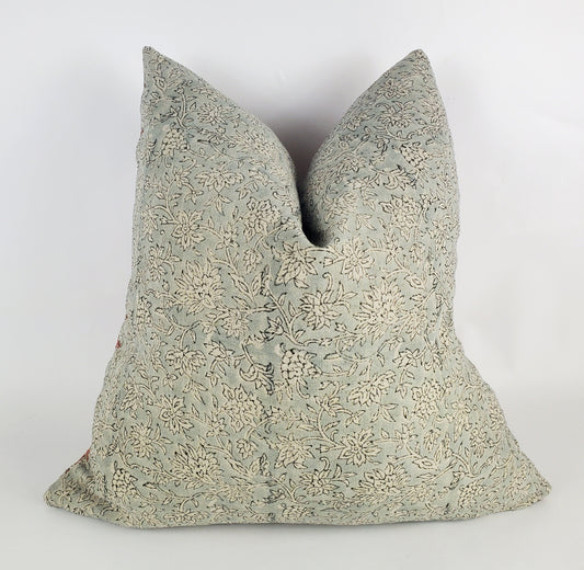 Blue block print pillow, blue block print cushion, blue printed cushion