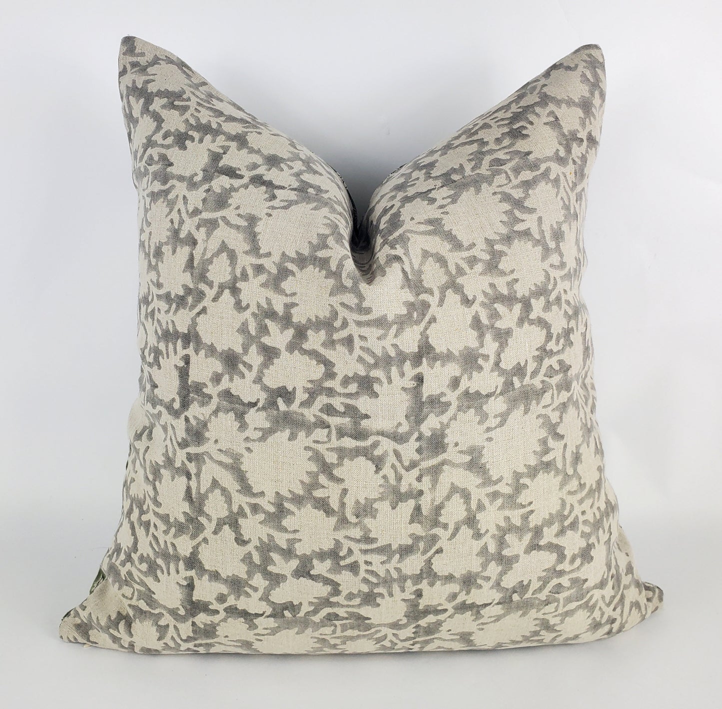 Grey block print pillow, block print grey floral pillow, block print cushion, neutral throw pillow, designer pillow